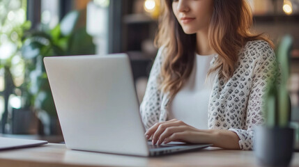 Kobieta w nowoczesnym biurze, pracująca przy laptopie. W jej przestronnej, nowoczesnej przestrzeni biurowej widoczna jest pełna koncentracja i profesjonalizm.