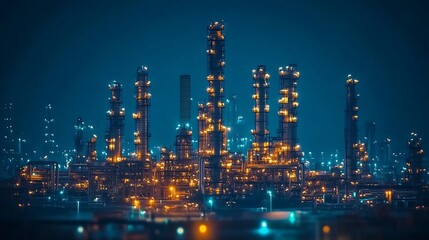Fototapeta premium Oil refinery night plant and tower of Petrochemistry industry in oil and gas industry : Generative AI