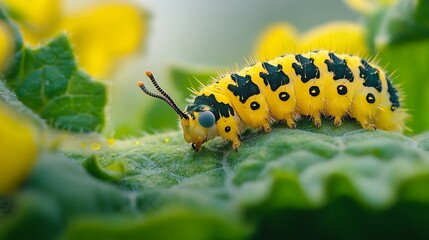 Fototapeta premium Rapeseed leaves are eaten by insect caterpillars : Generative AI