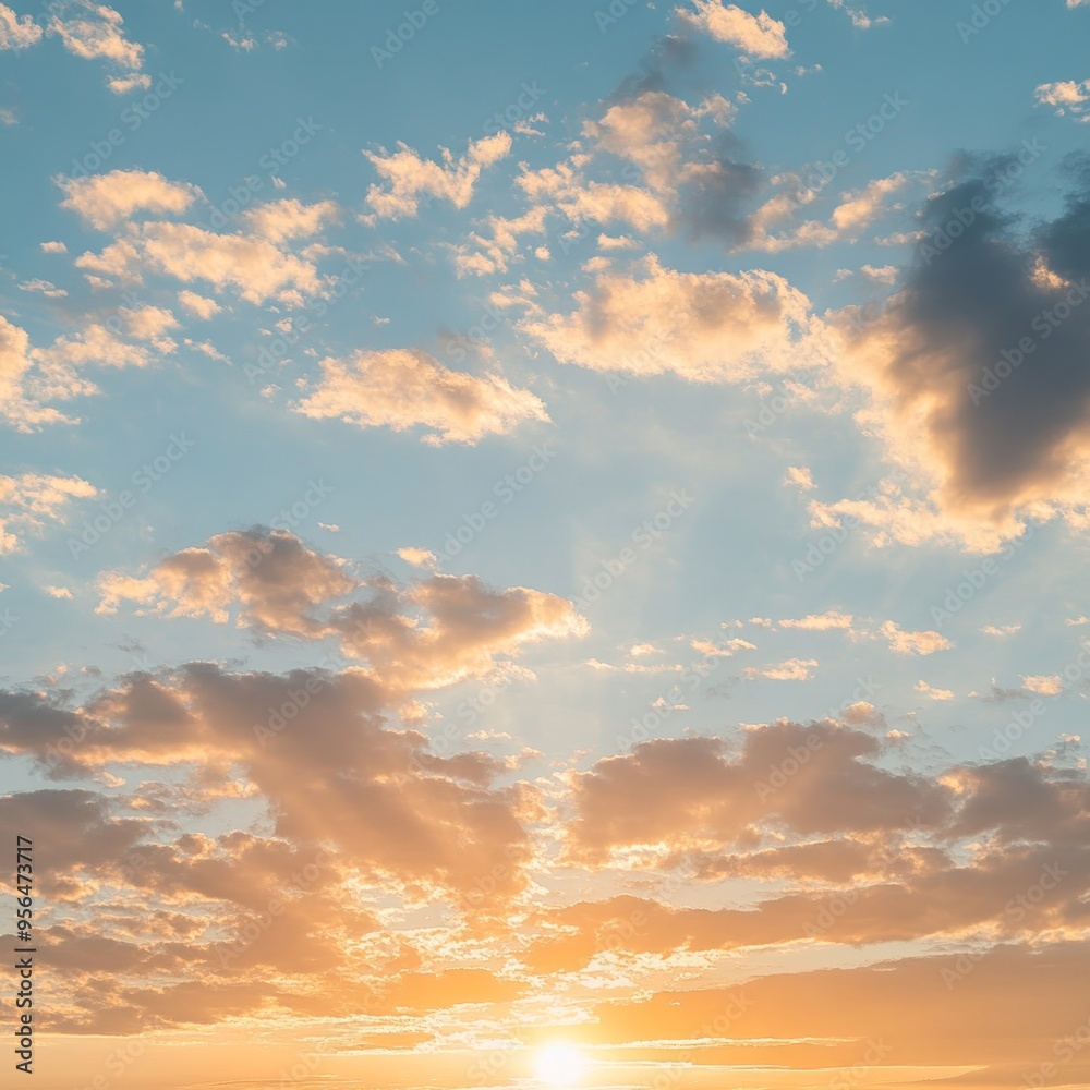 Wall mural A vibrant sunset sky with a mixture of white and orange clouds.