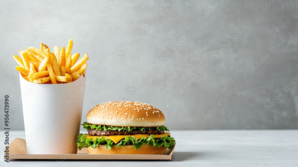 Wall mural a fast food combo meal with a burger, fries, and a drink, perfectly arranged on a tray, highlighting