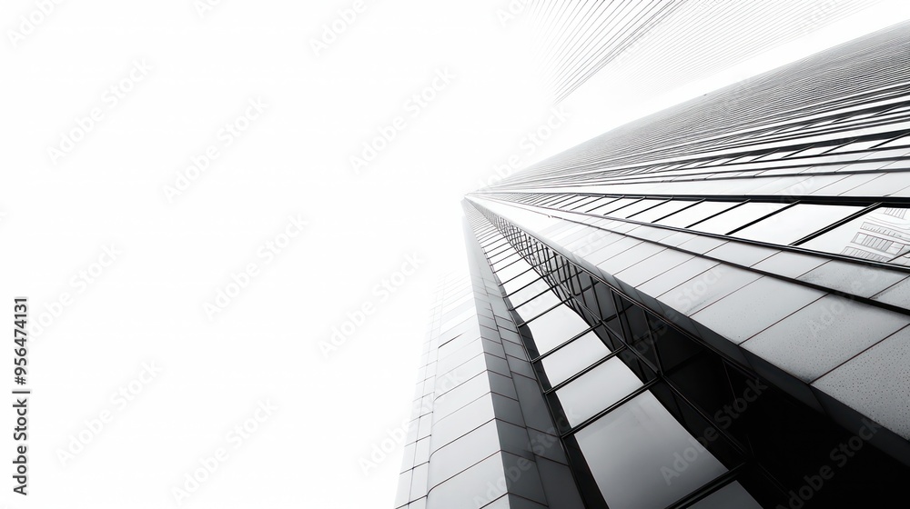 Poster a tall building with a lot of windows and a white background