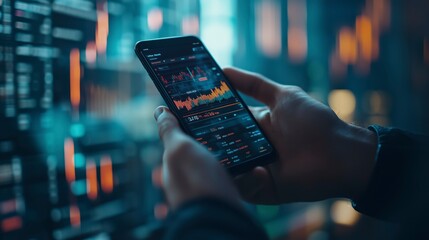 Stock market trader reviews financial data on a mobile app in a server room