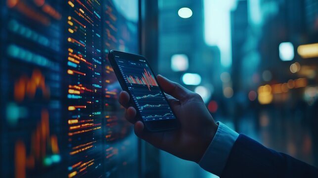 At night, a businessman compares stock market data on his smartphone with a monitor at a city stock exchange