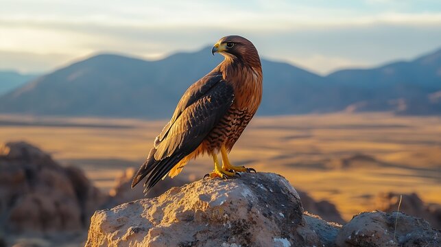 Hawk at sunset Harriss hawk Parabuteo unicinctus perched on rock in semidesert Bird of prey hunting in wild nature Beautiful raptor known as dusky or wolf hawk Hunts cooperatively in g : Generative AI - Powered by Adobe