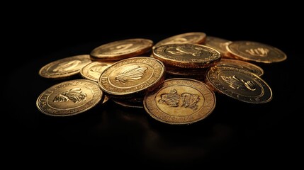A pile of shiny gold coins lay scattered on a black surface, their intricate designs catching the light.
