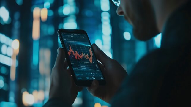 Businessman uses a tablet to monitor stock market data with a city skyline in the background