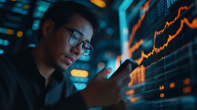 Financial analyst uses a smartphone to track stock market data in a server room