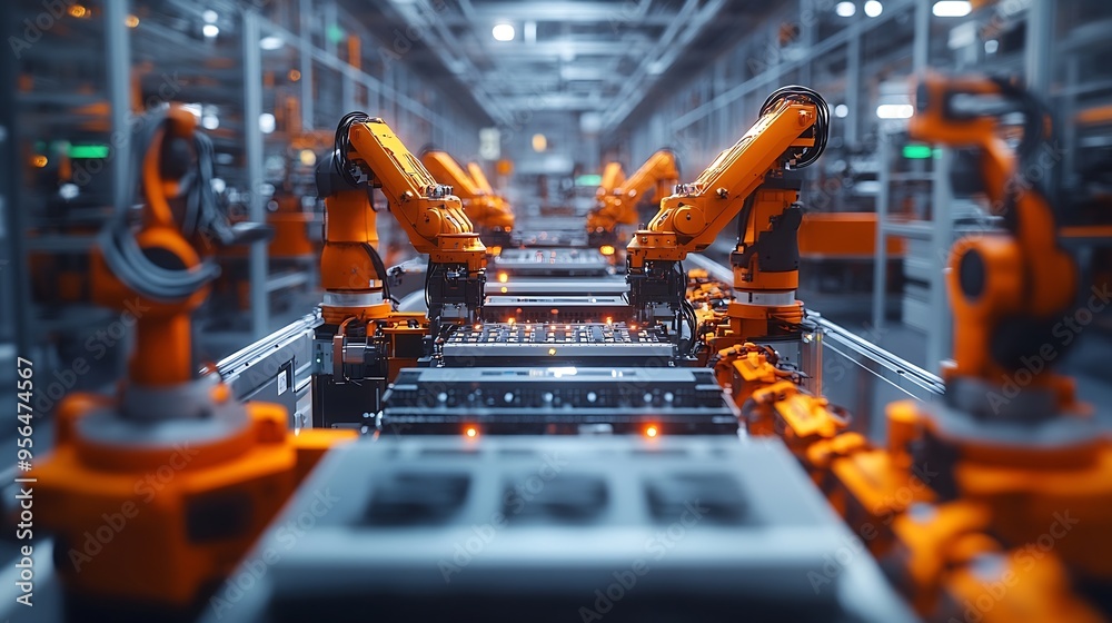 Aufkleber modern electric car automated smart factory ev battery pack production line equipped with orange adv