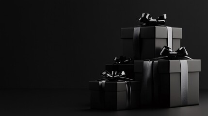 A dramatic Black Friday sale banner with a stack of sleek black gift boxes tied with metallic ribbons, set against a matte black background with a large area for text