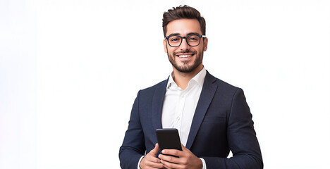 A handsome Spanish man with glasses with a phone on a white background with a copy space. A young smiling businessman, a bank employee, a financial consultant in a business suit
