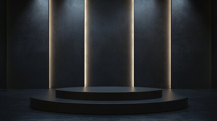 A modern podium with a reflective black surface, positioned in the center of a dark room with soft spotlighting, creating a dramatic effect for a Black Friday product presentation