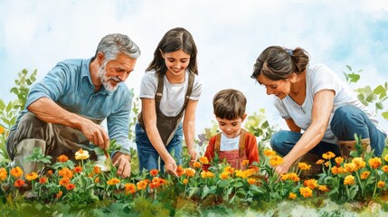 An intergenerational family gardening together, with grandparents, parents, and children planting flowers, illustration.