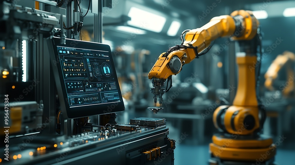 Aufkleber Computer and digital tablet for control of robots in a smart factory Smart industry 40 concept : Generative AI