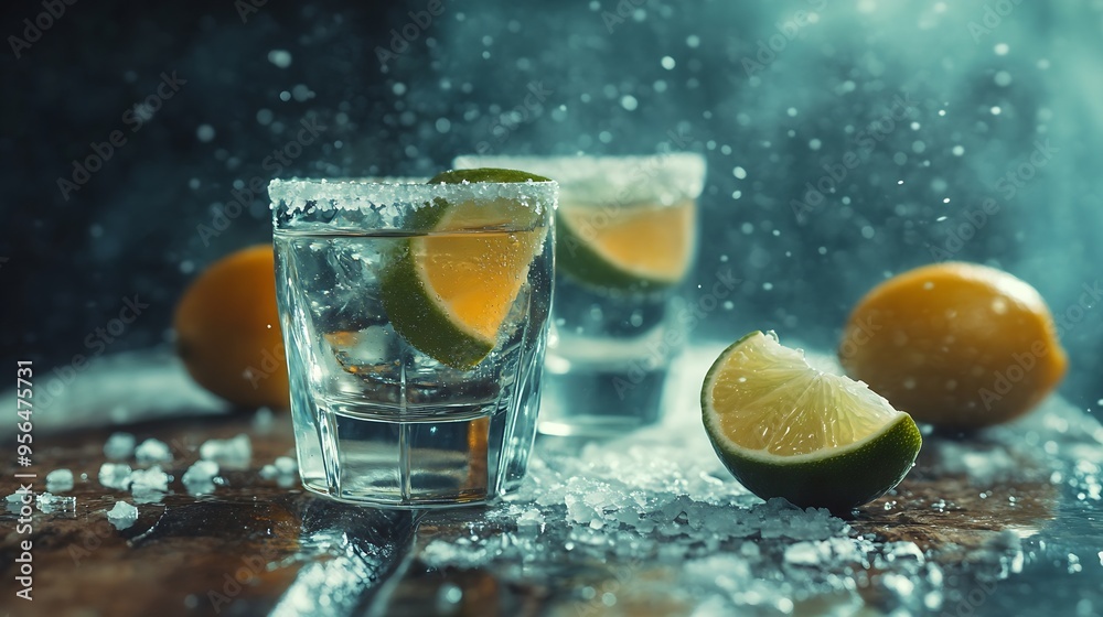 Poster Tequila shots with lime and salt on a rustic background Copy space : Generative AI