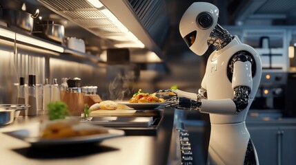 A robot chef meticulously garnishes a gourmet dish in a sleek modern kitchen. The chef showcases cutting-edge culinary skills while kitchen equipment glistens