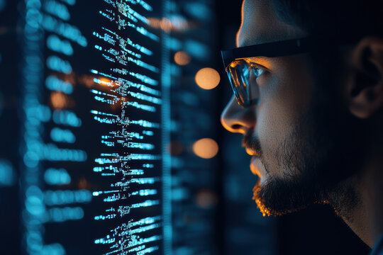 A focused individual gazes at complex data visualizations, highlighting the intersection of technology and human insight.