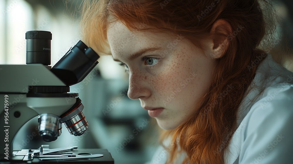Poster Adolescent student looking at sample under the microscope science and education concept : Generative AI