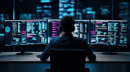 A focused person analyzing data on multiple computer screens in a modern office, showcasing technology and programming skills.