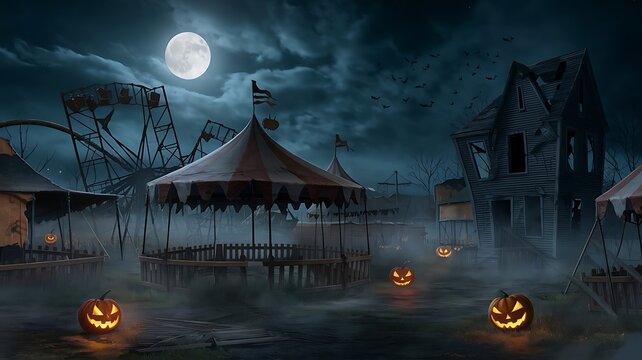 cinematic shot of an abandoned creepy carnival