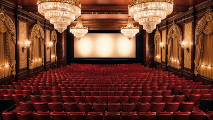 Obraz premium Elegant Vintage Theater with Red Seats and Grand Chandeliers