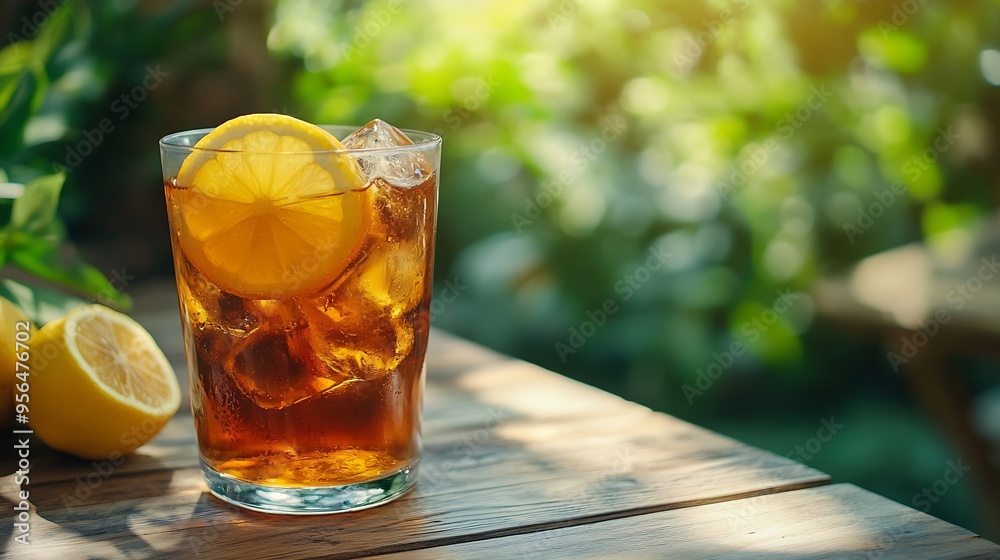 Aufkleber plastic glass with ice tea and lemon on wooden table with green garden on the background : generativ