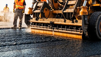 Road Construction with Asphalt Paving Machine and Workers