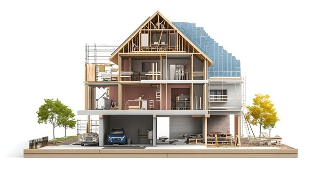 Comprehensive infographic showcasing the technical details and construction framework for building a house including the structural components materials and step by step process