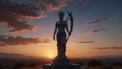 A statue of Eos standing in a dawn wilderness, holding the light of the morning, with the sky breaking into dawn as the backdrop.