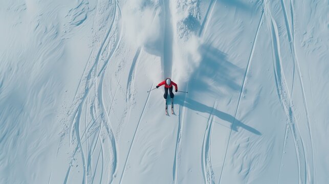 Lone skier carves fresh tracks on a snowy slope, enjoying a sunny winter day, feeling the thrill of speed and freedom in the alps - Powered by Adobe