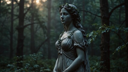 Fototapeta premium A statue of Eurydice standing at the forest's edge, holding vines, with a tranquil twilight as the backdrop.