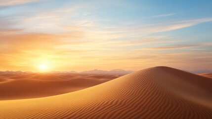 a hyper-lapse of a desert landscape with shifting sand dunes and the sun setting, casting dramatic shadows and highlighting the vastness of the terrain