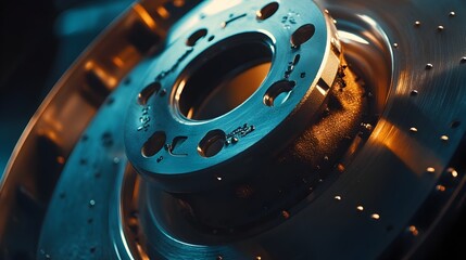 Macro photography capturing the fine details of automotive brake pads being replaced showcasing the textural patterns and materials of the brake pad and caliper components