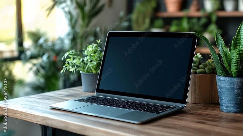 Poster laptop computer standing on a wooden desk with a green screen chromakey mock up display creative off