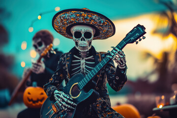Ghostly skeleton Mariachi band arisen on Halloween and Day of the Dead or Dia de los muertos