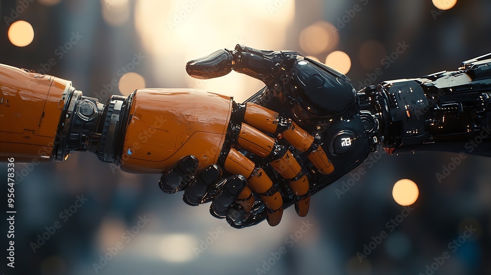Poster MLB Mechanized industry robot arm and business handshake double exposure Concept of successful agreement of artificial intelligence for industrial revolution and automation process in  : Generative AI