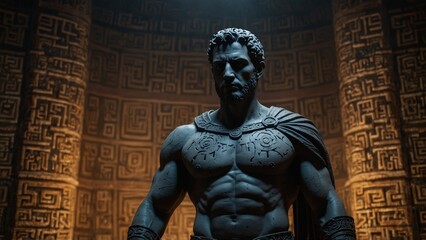 A statue of Theseus standing at the entrance to the labyrinth, holding a sword, with the intricate maze walls as the backdrop.