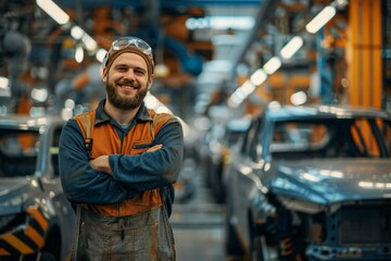 Portrait of a Content Warehouse Worker in a Modern Car Manufacturing Plant