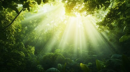 a lush forest with sunlight filtering through the trees, a peaceful and serene environment