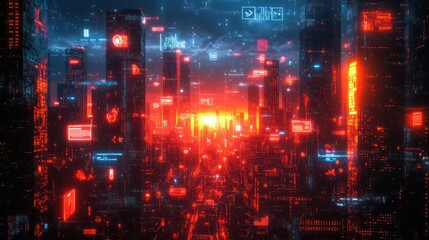 Digital communication illustration depicting a futuristic cityscape filled with digital screens, symbols, and flowing data streams, representing seamless global communication.