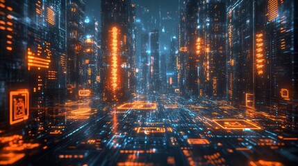 Naklejka premium Digital communication illustration depicting a futuristic cityscape filled with digital screens, symbols, and flowing data streams, representing seamless global communication.