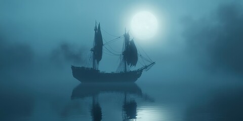 Fototapeta premium A ghost ship drifting in the fog 
