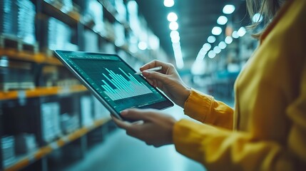 Worker using tablet PC and statistical data Inventory control Warehouse management systems : Generative AI