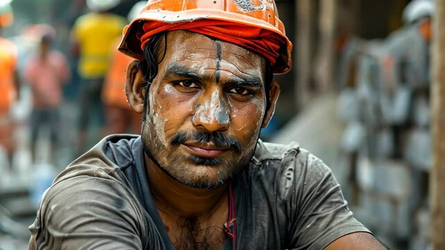 A hardworking migrant worker, tired, at a construction site shows dedication to his job on a busy day