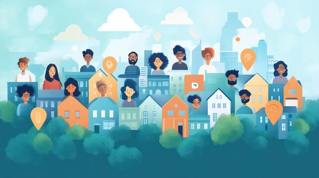 Digital community illustration depicting a virtual neighborhood where diverse avatars interact, share, and engage in meaningful conversations