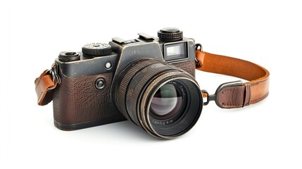 Vintage camera with leather strap isolated on white background.