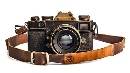 Vintage film camera with leather strap isolated on white background.