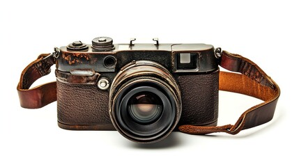 A vintage camera with leather strap isolated on a white background.