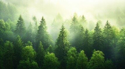 a misty forest in the early morning, with tall trees and soft light filtering through the fog, a mystical and serene natural environment