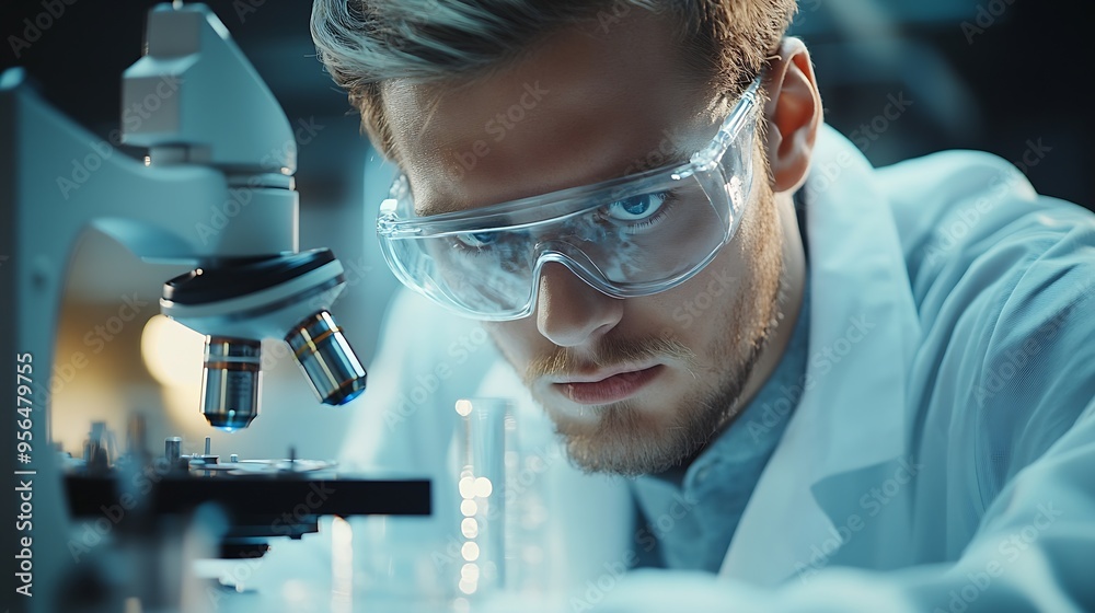 Poster young scientist looking through a microscope in a modern laboratory medical science looking at sampl